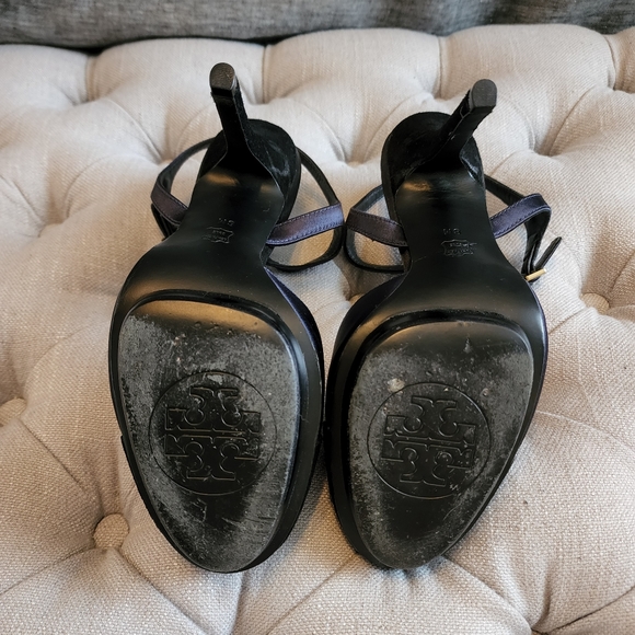 Tory Burch Navy Satin and Suede T-Strap Heels - Picture 5 of 8